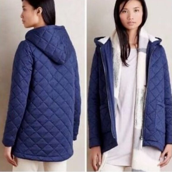 Anthropologie Saturday Sunday Women’s Navy Blue Quilted Jacket S Hooded Gwynn - Picture 1 of 7